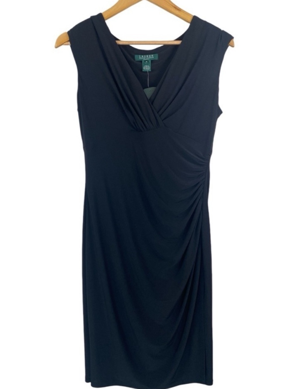 Lauren Ralph ruched stretch Sleeveless Faux-Wrap Midi Dress size 10 LBD